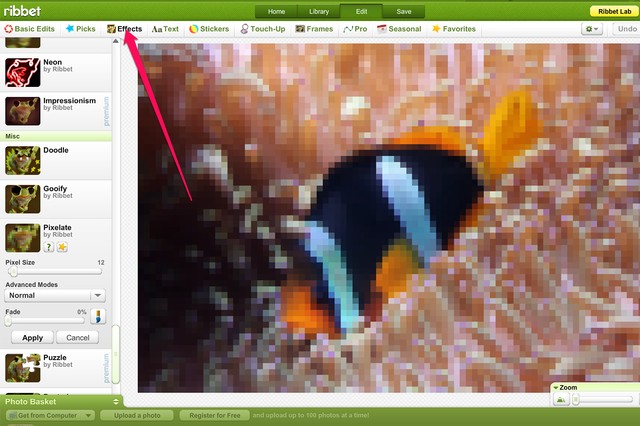 Ribbet's Pixelate filter is located in its Effects library.