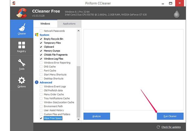 Le bouton Exécuter dans Cleaner CCleaner 5.0.