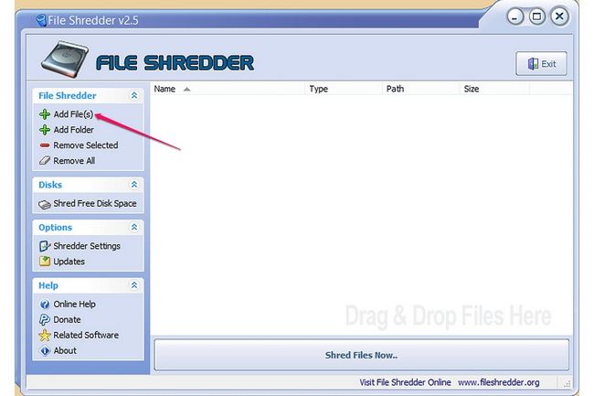 L'option Ajouter un fichier (s) dans File Shredder