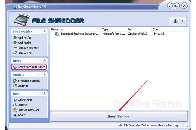 Les boutons de l'espace Shred fichiers maintenant et Shred disque libre.