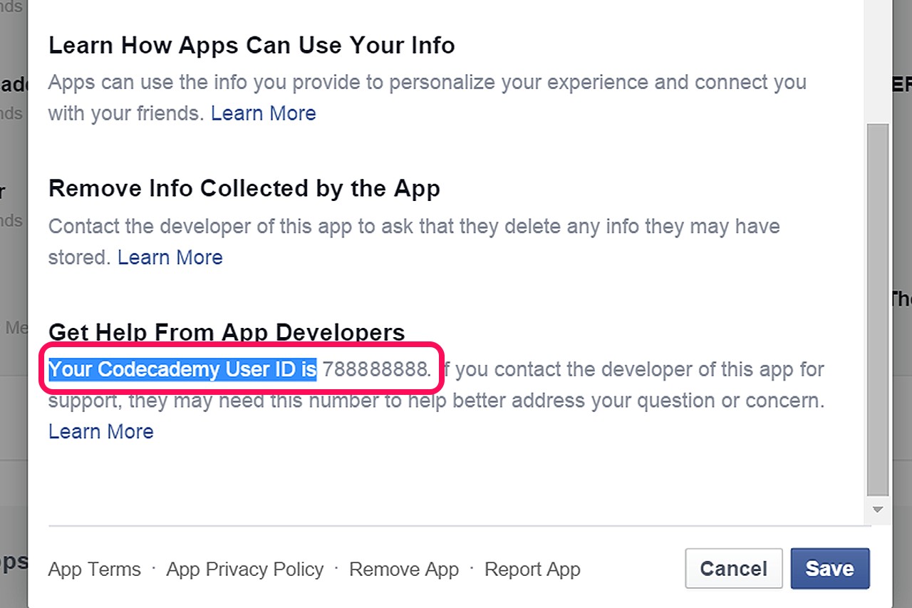 Votre nom d'utilisateur apparaît dans la fenêtre Paramètres App.