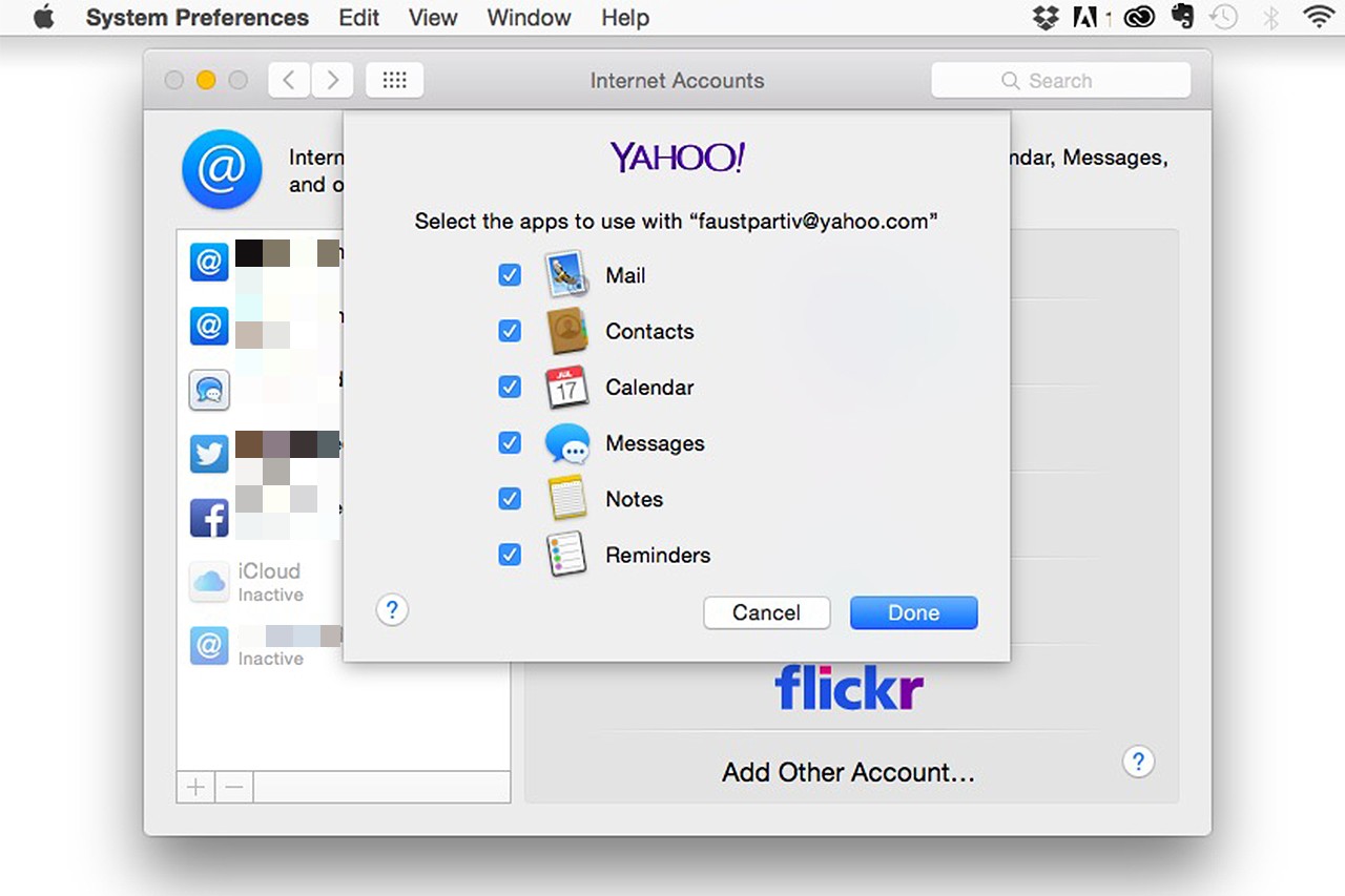 Sélectionnez les applications d'Apple que vous souhaitez utiliser avec Yahoo.