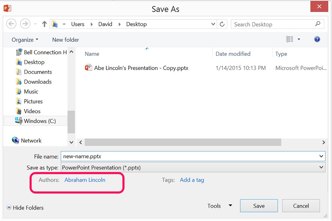 L'auteur's name appears in PowerPoint's Save As window.