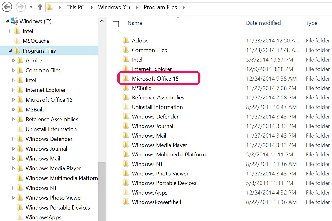Le dossier Microsoft Office 15 a révélé dans l'Explorateur de fichiers.