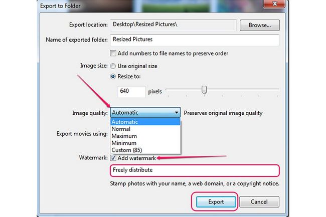 menu Qualité d'image, ajouter un filigrane boîte et bouton Exporter.