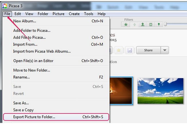 menu Fichier et l'exportation Photo Folder option.