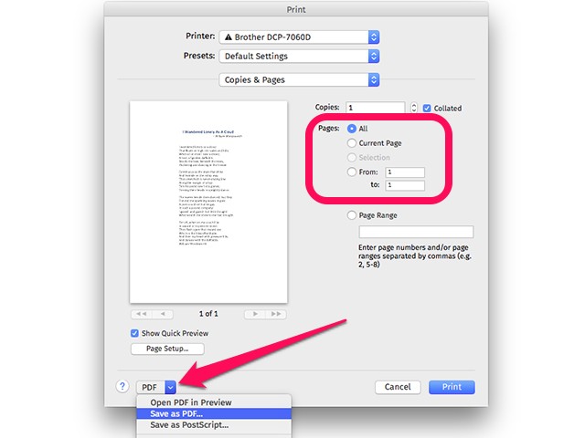 Cliquez sur le menu PDF pour imprimer le document à un fichier PDF.