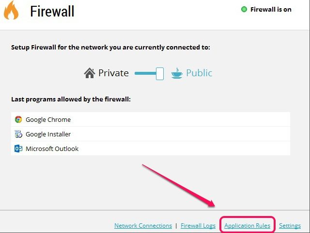 Règles d'application vous permet de configurer une application's firewall rules.