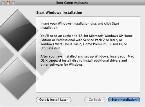 La troisième fenêtre Boot Camp: Insérez votre disque de Windows et sélectionnez Démarrer l'installation.